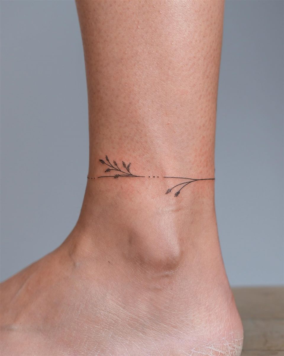 fine line ankle branch tattoo for summer