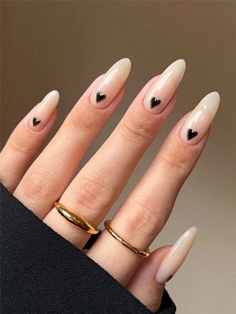 Black and Gold Heart Nails Design