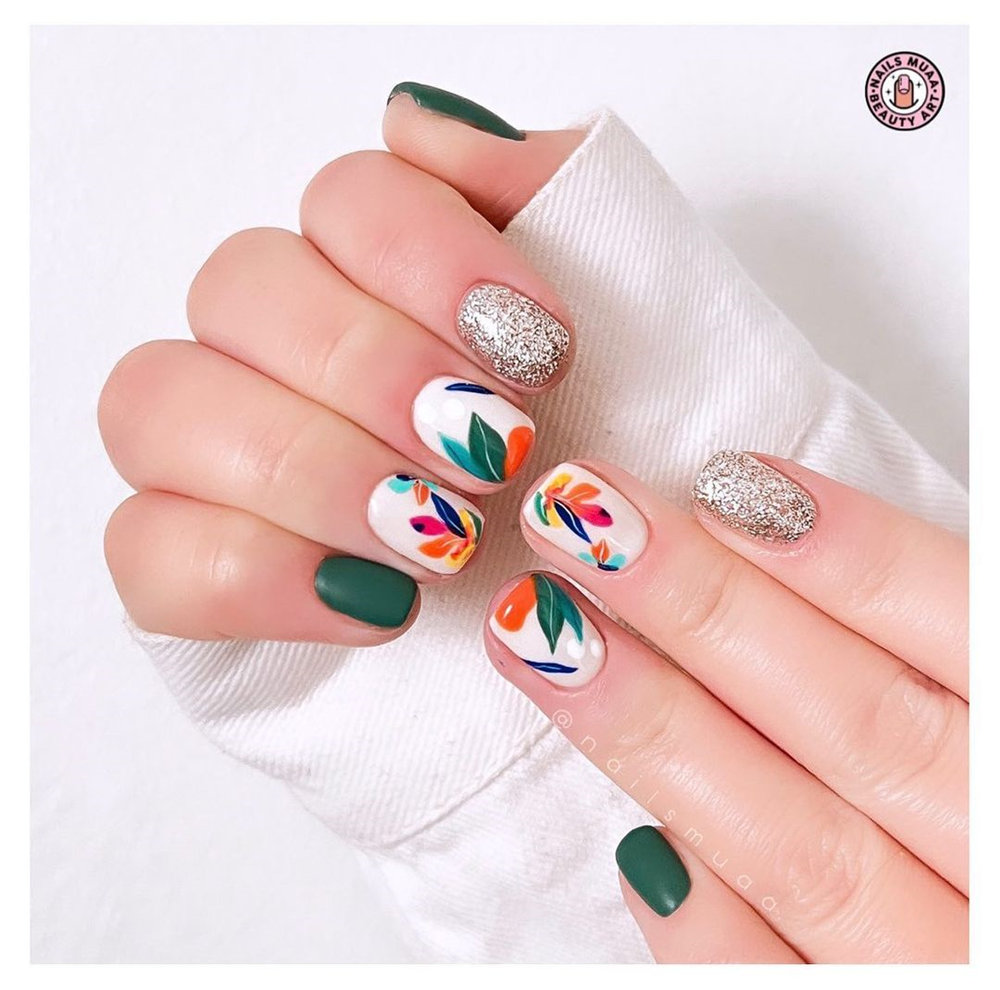 simple leaf nail art, fall nails design, autumn manicure