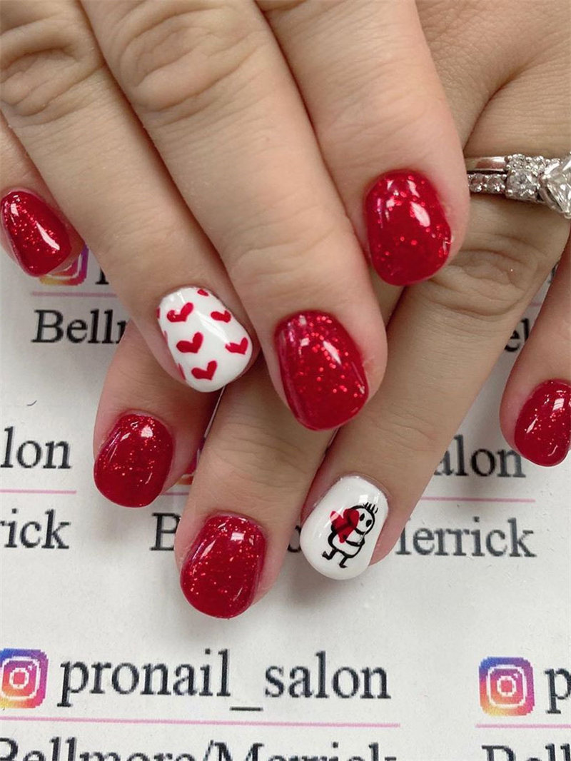 60 pink, red, and white valentine’s day nail ideas. We have gathered the best Valentines nails for you to find your Valentine's Day nail art inspiration. Click to see more nail art ideas. #NailArt #ValentineNails